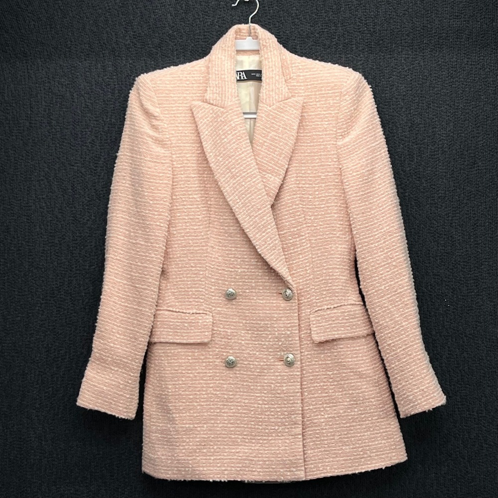 Zara Womens Pink Tweed Boucle Double Breasted Blazer Silver Crest Buttons S